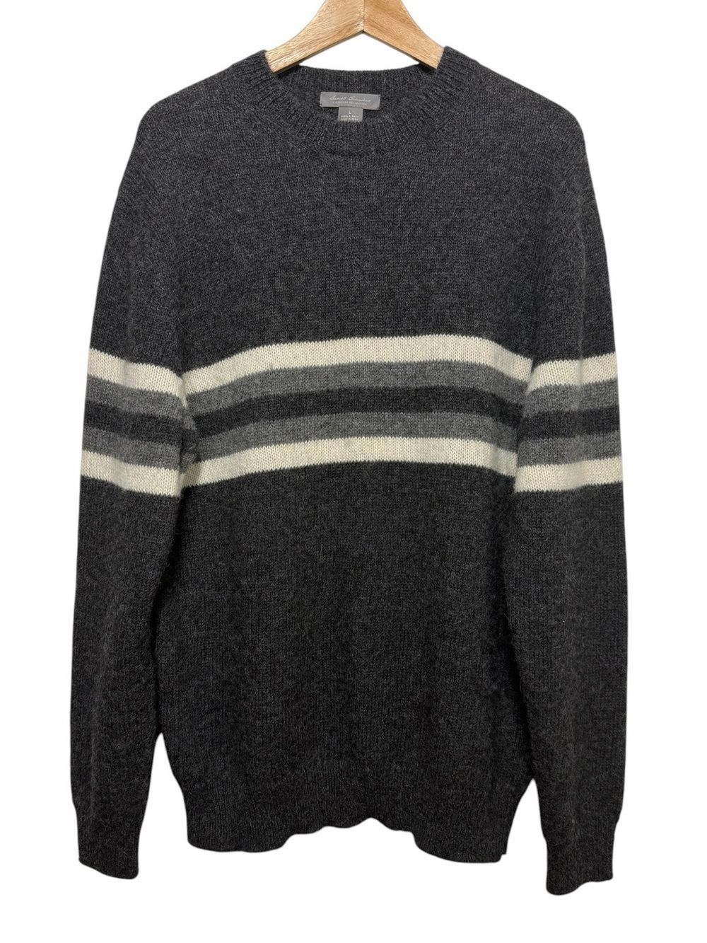 Daniel Cremieux Men 100% Alpaca Charcoal Gray Crewneck Sweater Ivory Stripe Sz L